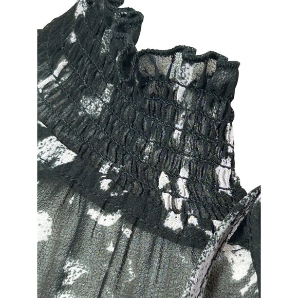 DKNY Blouse M Black White Speckled Lace Trim Long Sleeves Ruffle Neck Ties Sheer - Picture 7 of 16